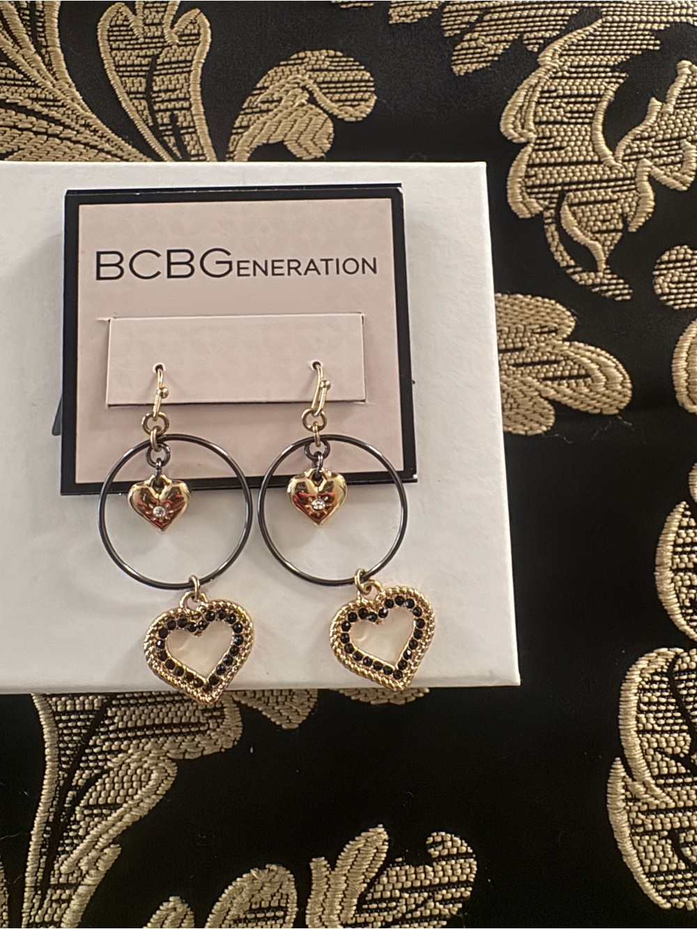 BCBGeneration Gold and Black Heart Hoop Dangle Earrings